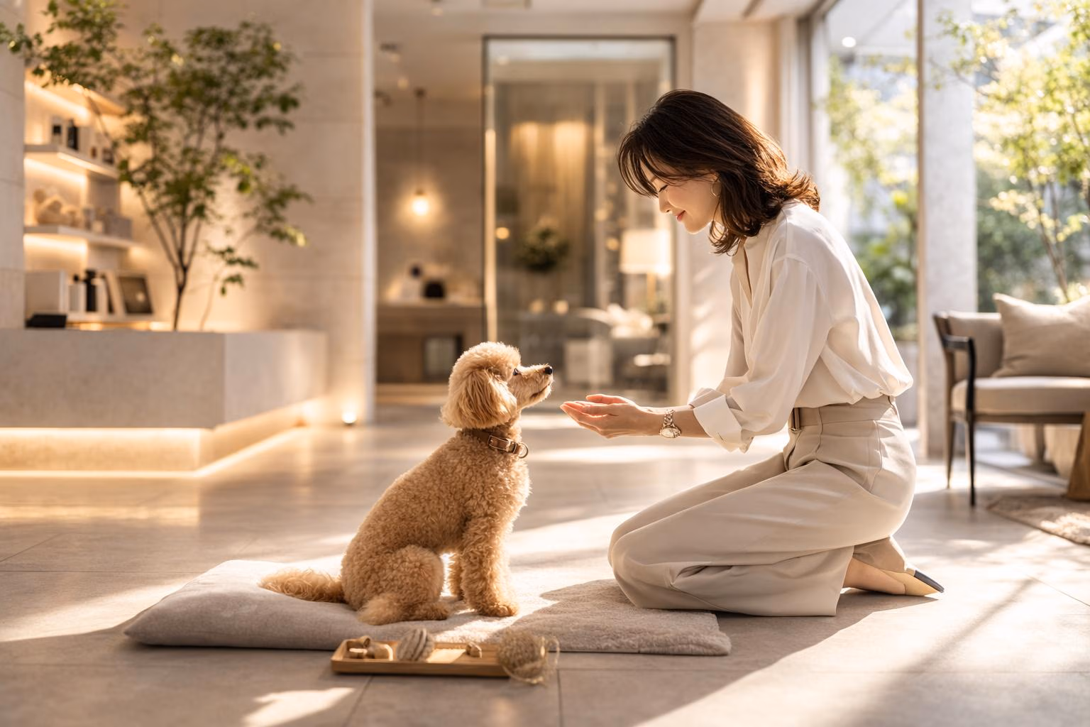 Bir köpekle sakin ve ödül temelli öğrenme üzerine bilgilendirici rehber görseli.