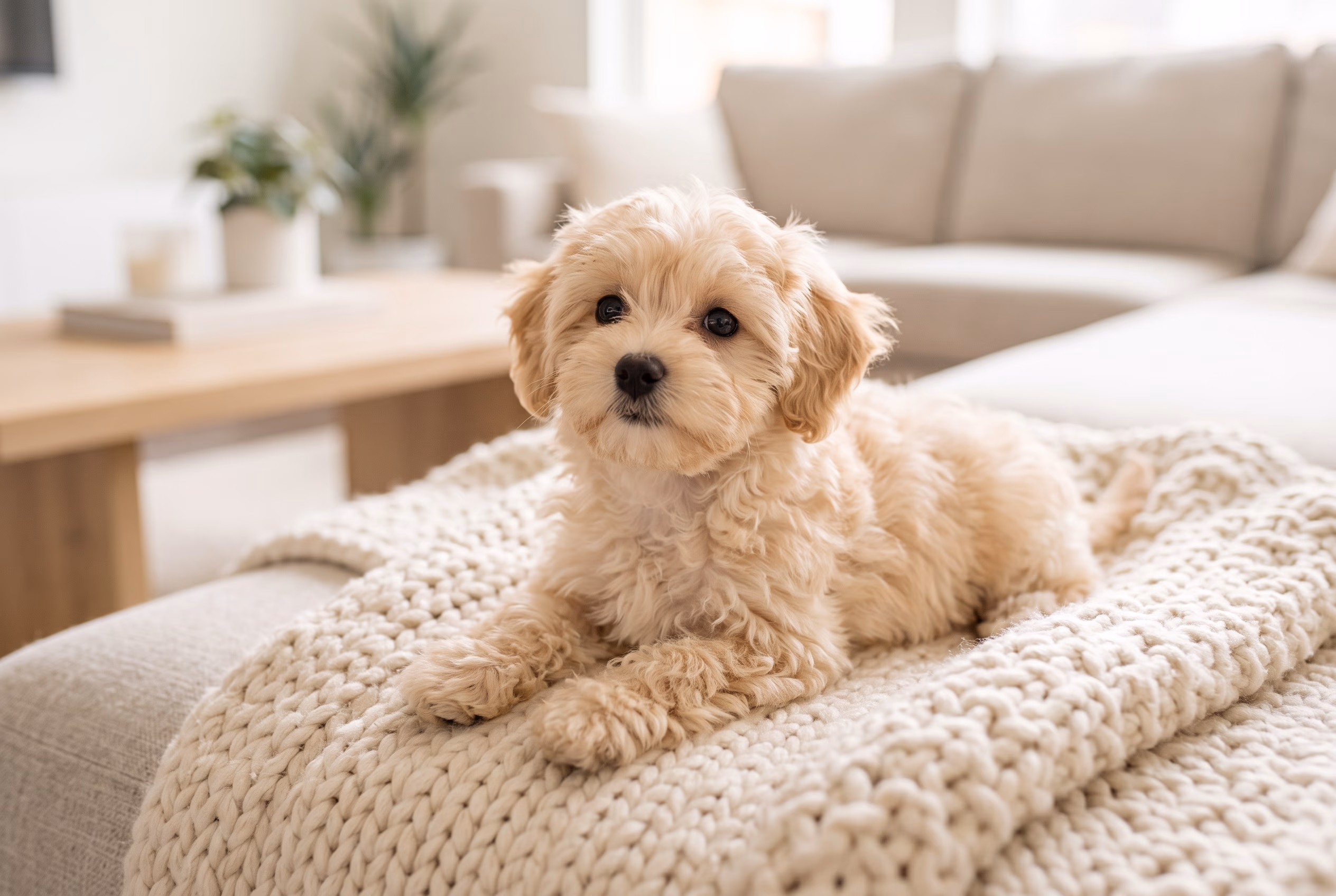 Yumuşak örtü üzerinde yatan açık renkli, dalgalı tüylü bir yavru köpek.