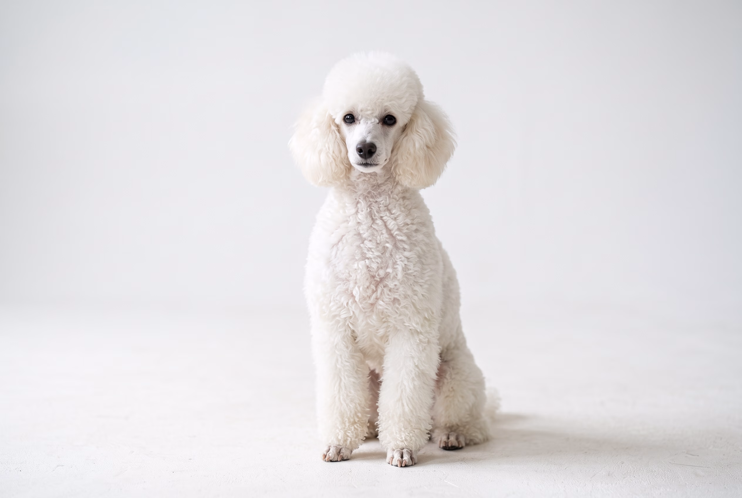 Açık fonda oturan beyaz, kıvırcık tüylü bir köpek.