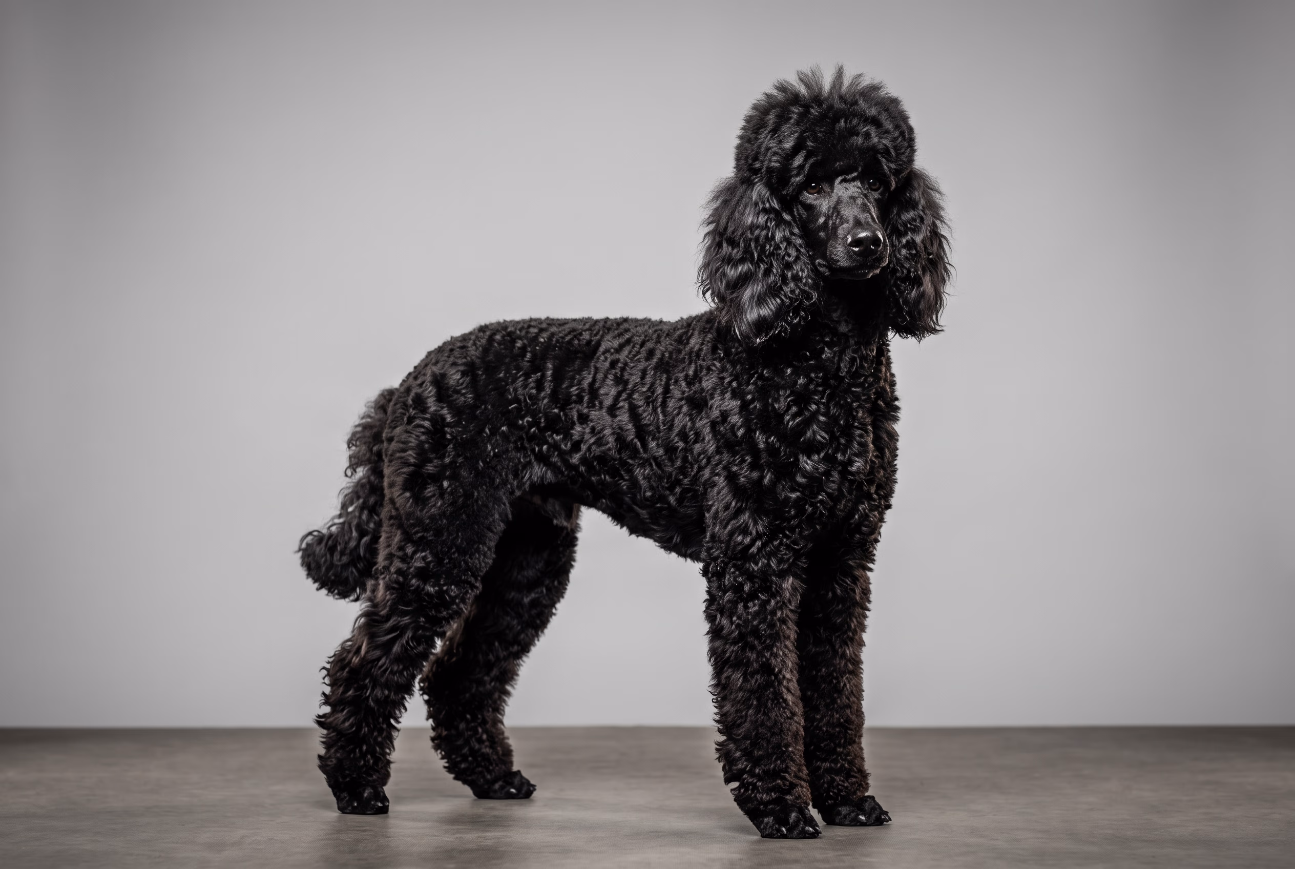 Portre için ayakta duran siyah, kıvırcık tüylü bir köpek.