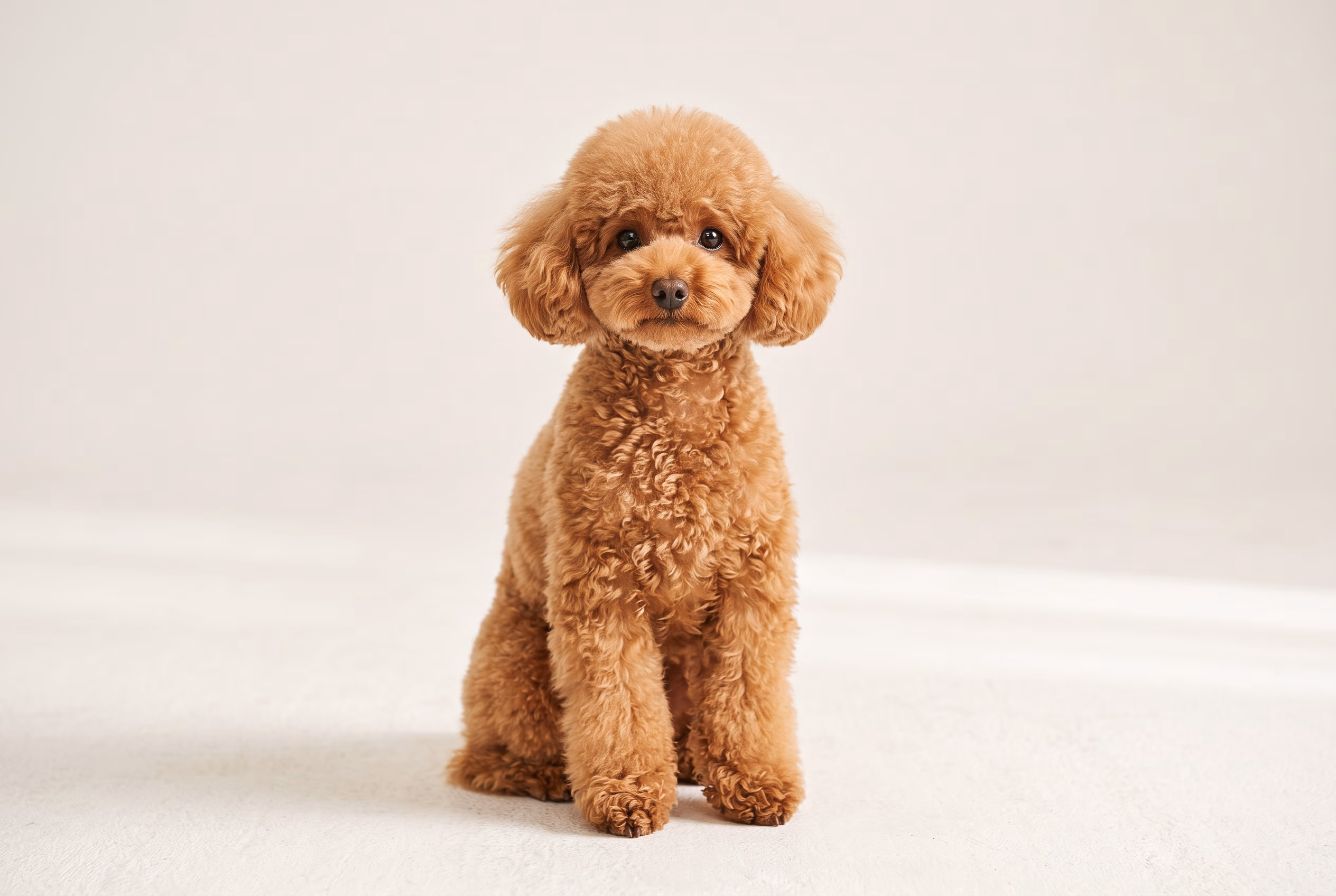 Açık arka plan önünde oturan tarçın rengi kıvırcık tüylü bir köpek.