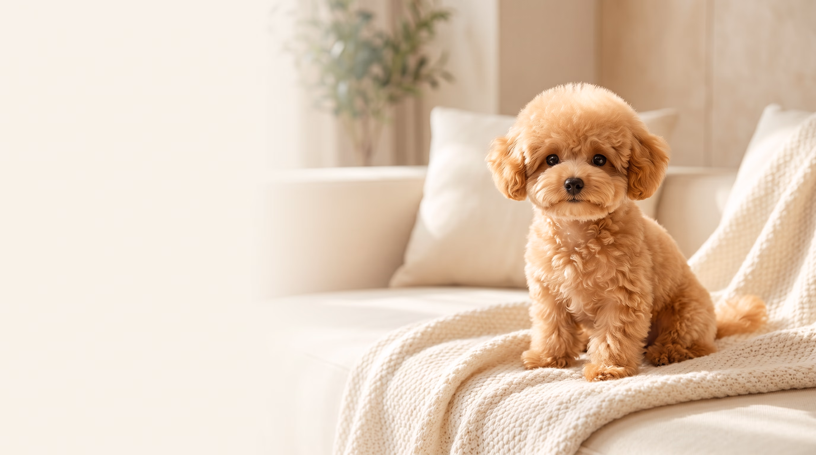 Açık renkli kıvırcık tüylü bir Poodle krem rengi koltukta oturuyor